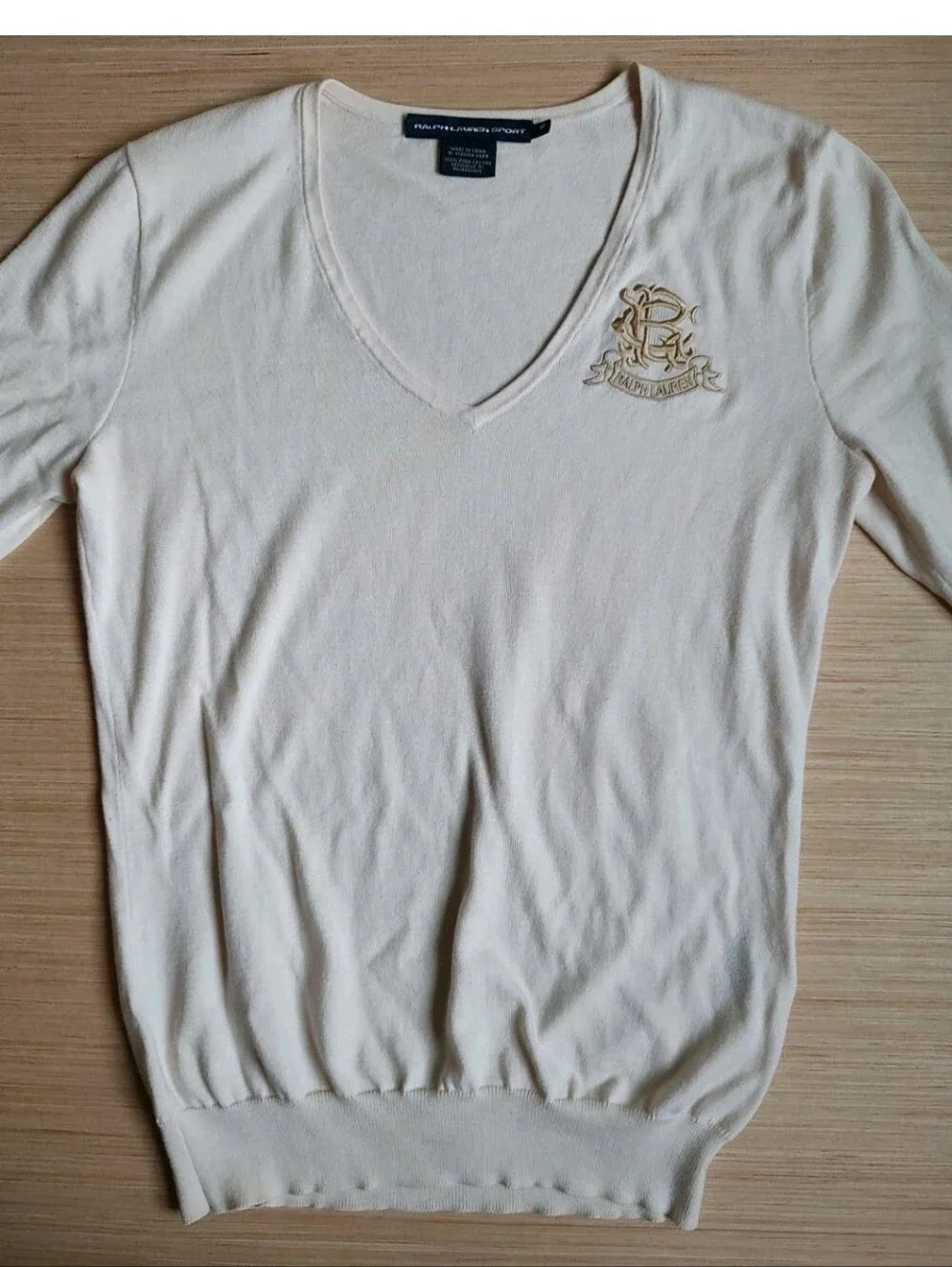 Ralph Lauren Knit Beige Cream Pullover Sweater Pima Cotton Embroidered Logo M